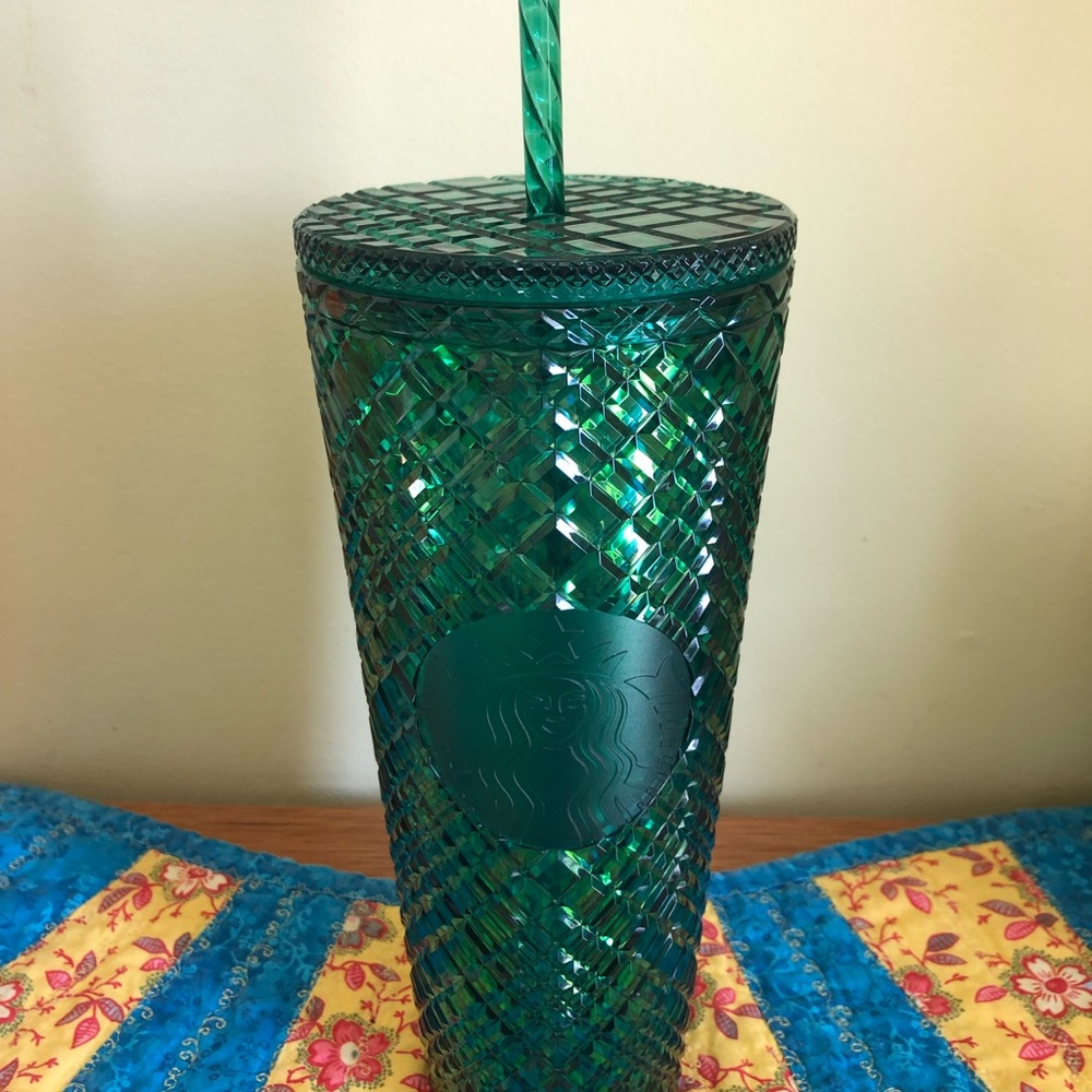 Starbucks Tumbler 24oz Cold Cup Green Holiday Textured Jeweled Venti Straw New